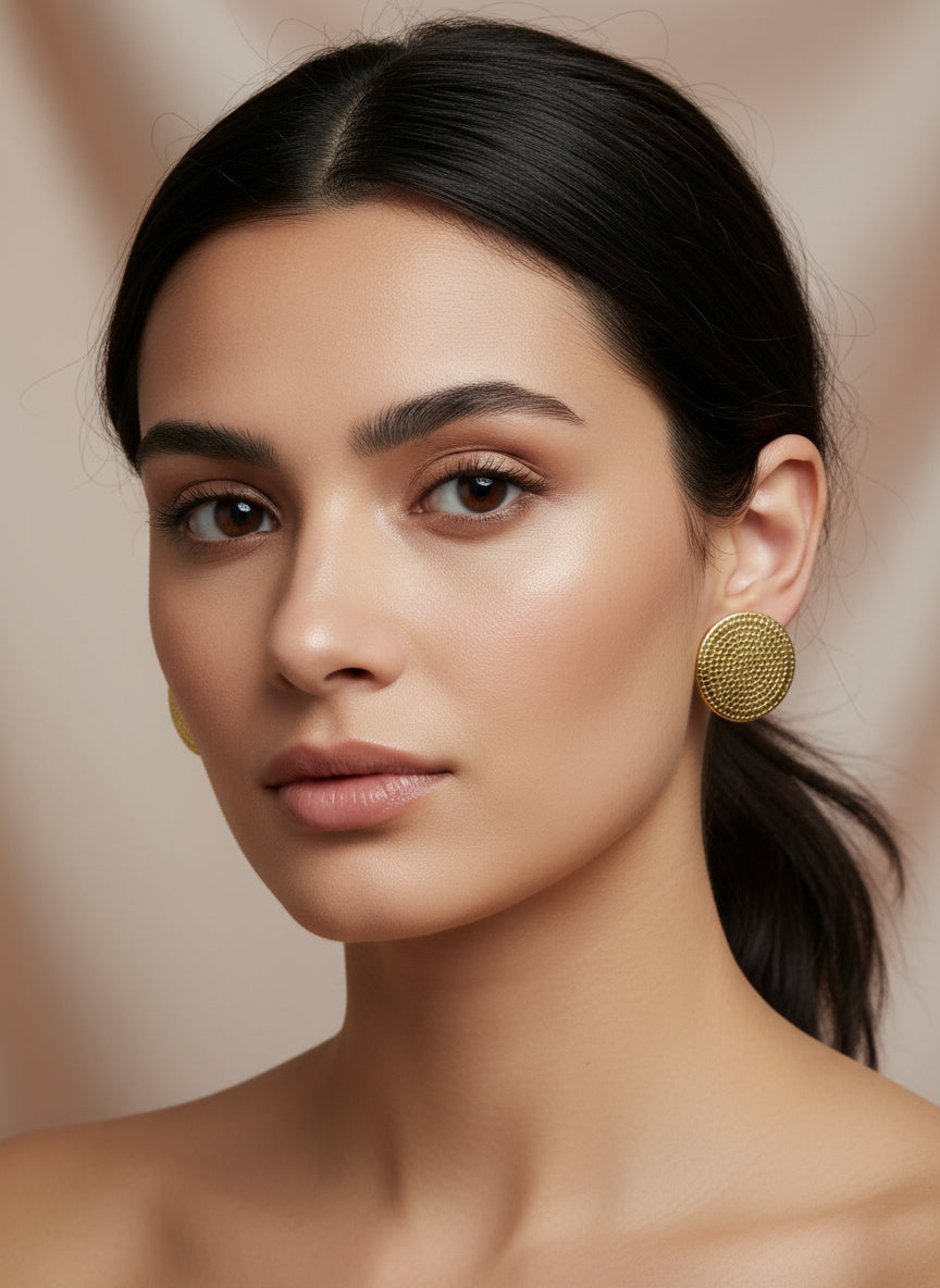 Boucles d’oreilles Thaïs à clips en acier inoxydable doré, design circulaire texturé, confortables et sans perçage.